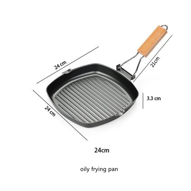 Non-Stick Grill Pan - Foldable Wooden Handle