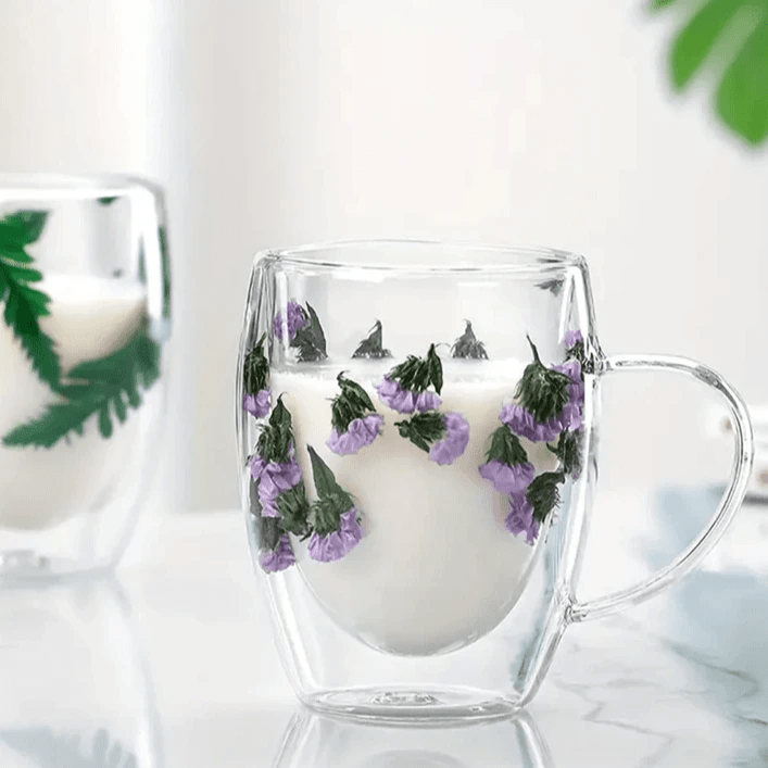 Double Wall Glass Mug With Handle - Floral Design - 350ml - Style Phase Home