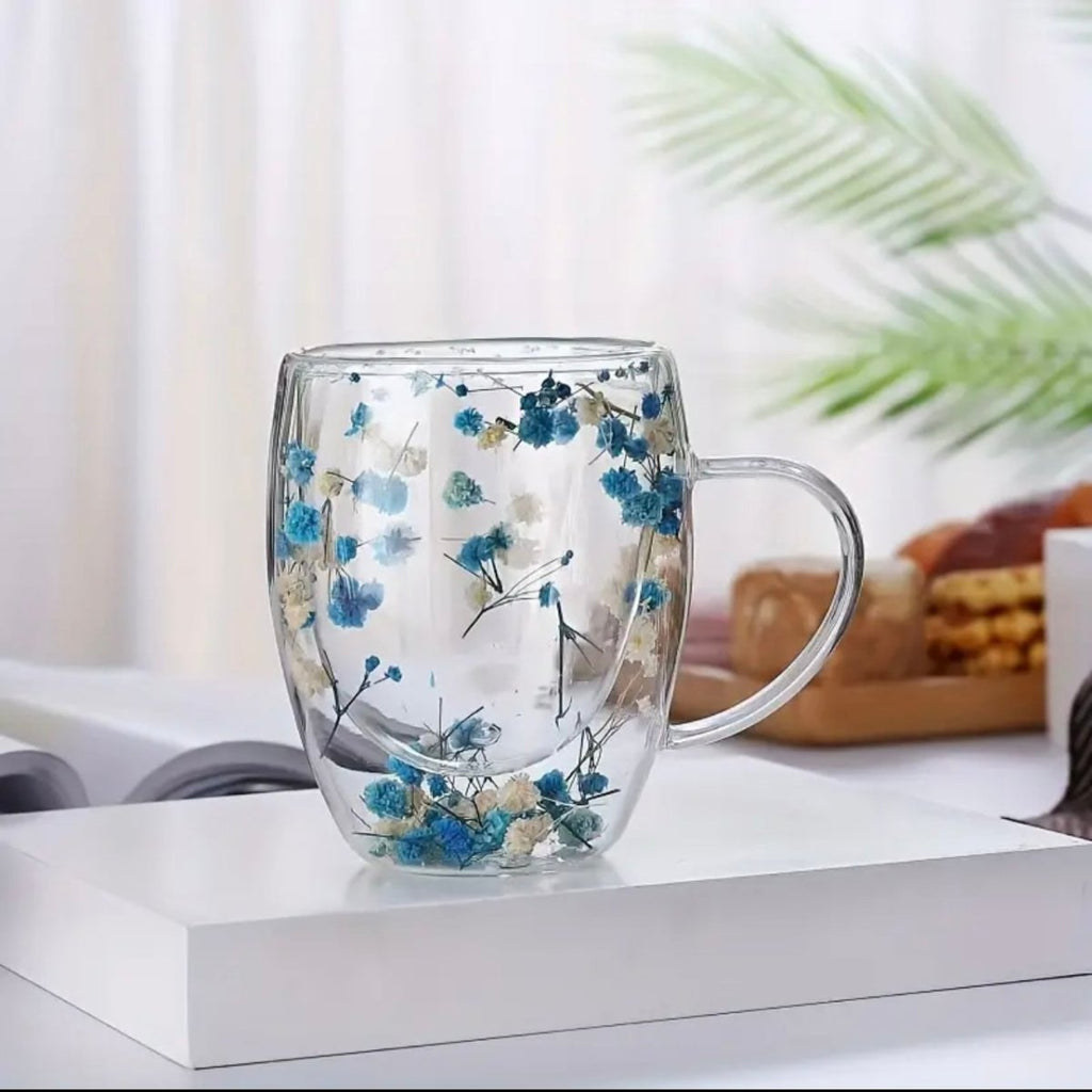 Double Wall Glass Mug With Handle - Floral Design - 350ml - Style Phase Home