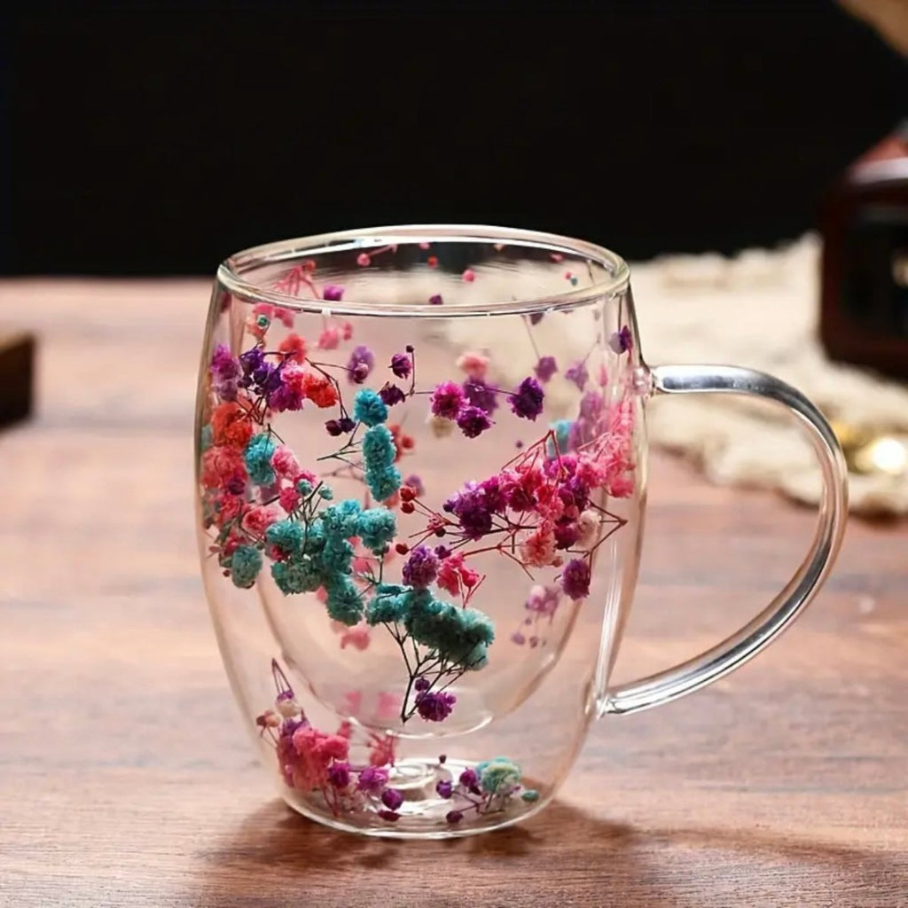 Double Wall Glass Mug With Handle - Floral Design - 350ml - Style Phase Home