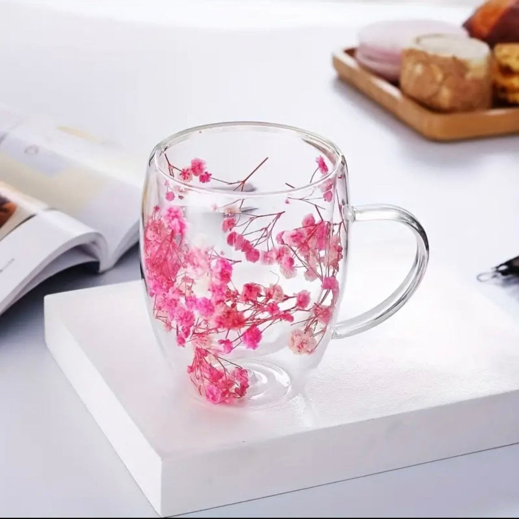 Double Wall Glass Mug With Handle - Floral Design - 350ml - Style Phase Home