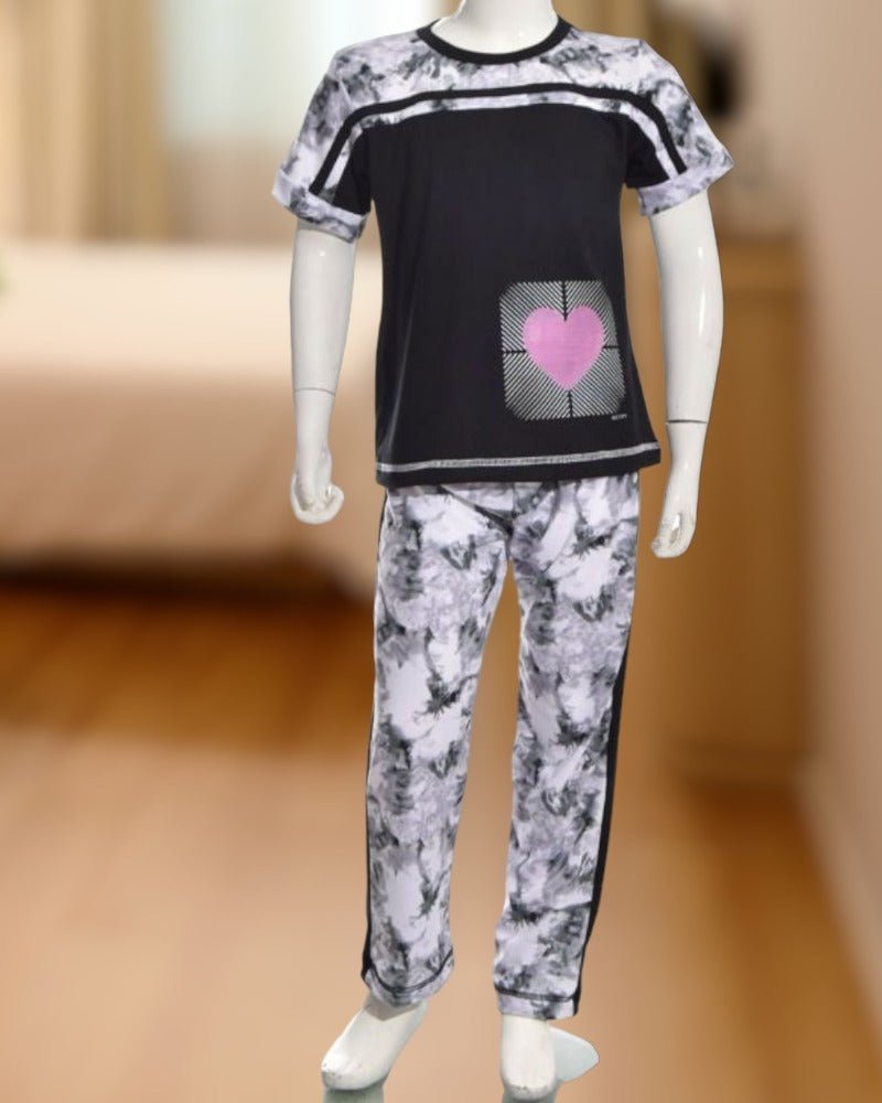 Girl's Black Tie Dye Heart Block Print Pyjama - Style Phase Home