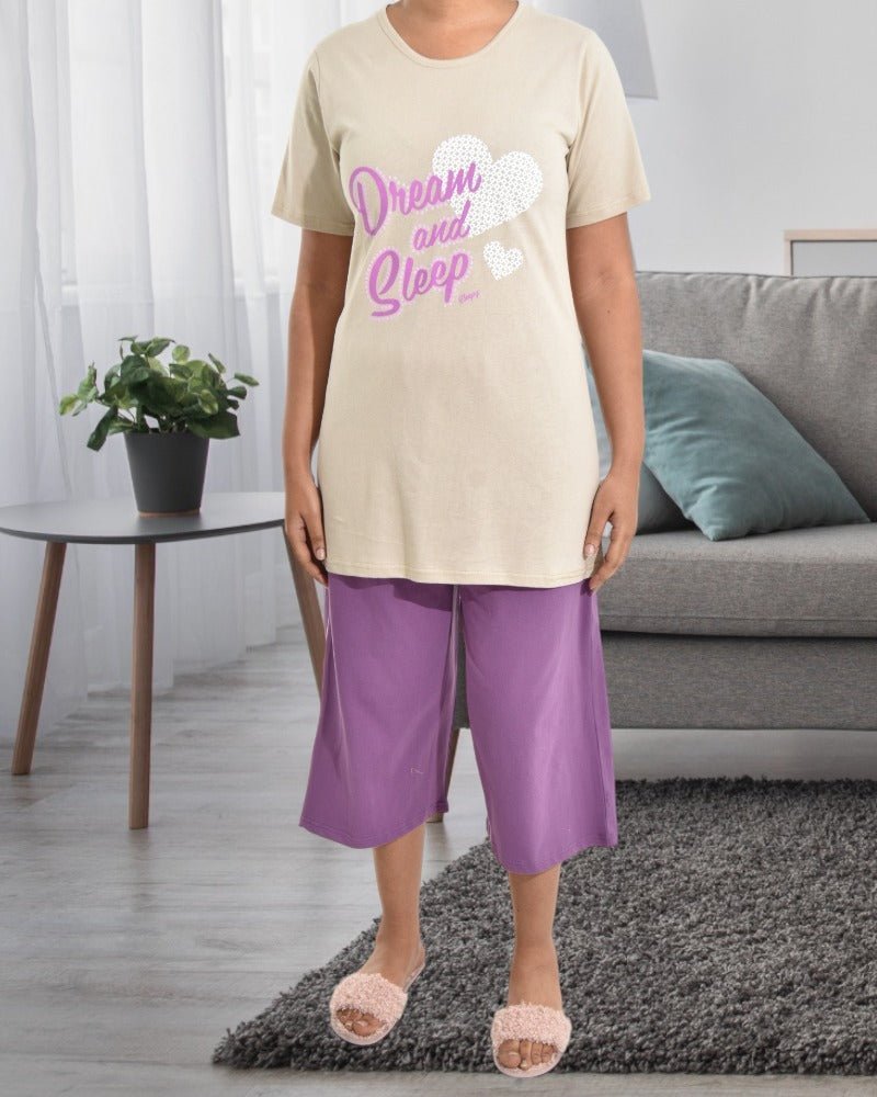 Ladies 3/4 Souk Special Beige & Purple Dream Pyjama - Style Phase Home