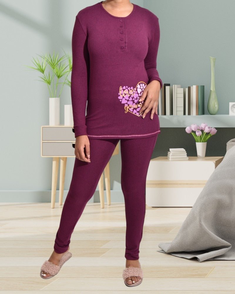 Ladies Love Yourself Print Wine Pyjama - Style Phase Home