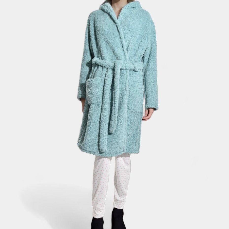 Winter Sherpa Fleece Tie - Up Hooded Gown With Pockets - Blue - Style Phase Home