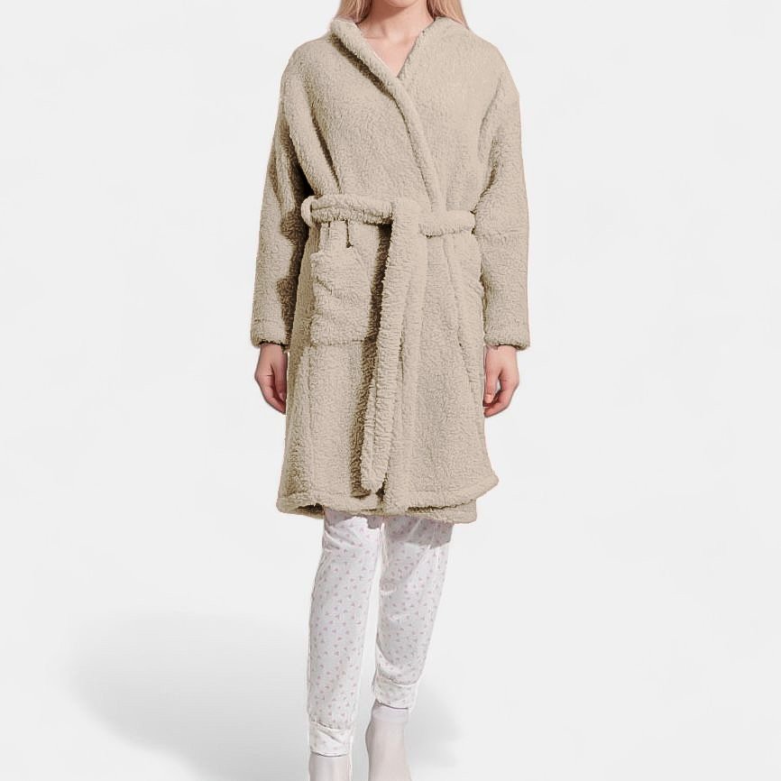 Winter Sherpa Fleece Tie - Up Hooded Gown With Pockets - Cream Beige - Style Phase Home