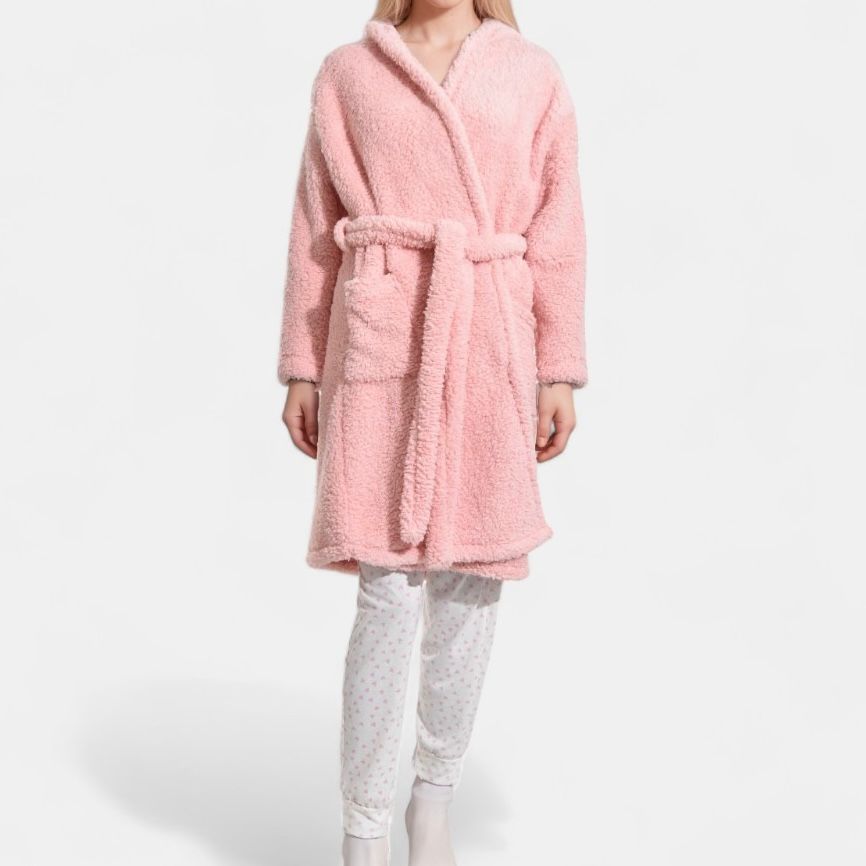 Winter Sherpa Fleece Tie - Up Hooded Gown With Pockets - Pink - Style Phase Home